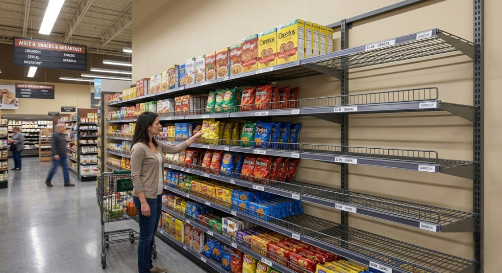 Wall mounted metal racks for retail stores by Modure Furniture, manufacturers in Nagpur.